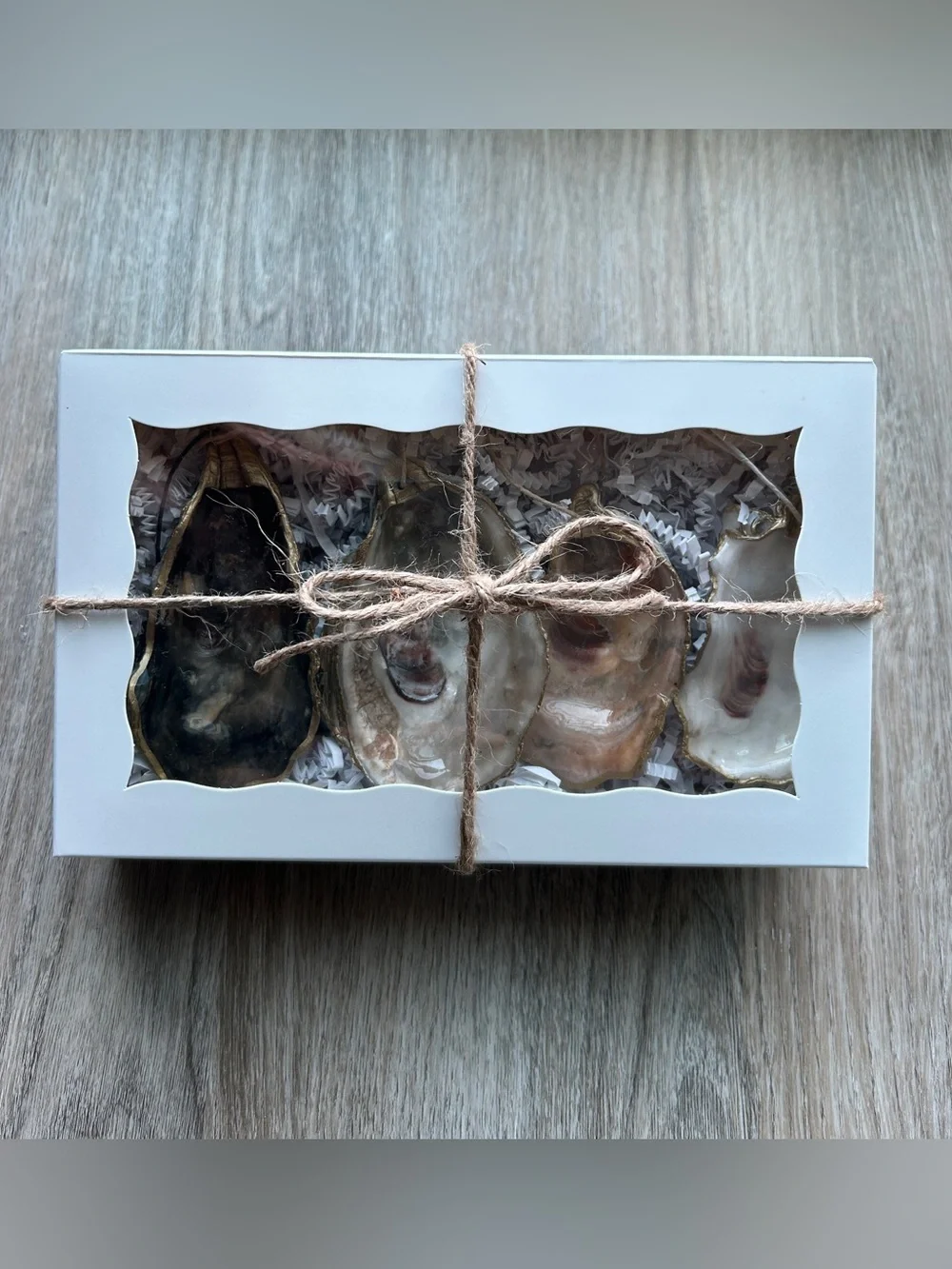 Boxed Set of 4 Handmade Gold Trimmed Oyster Shell Ornaments Coastal Gift⁠